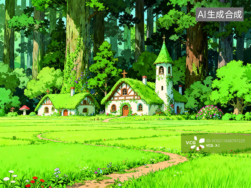 【AI数字艺术】梦幻森林古堡插画图片素材
