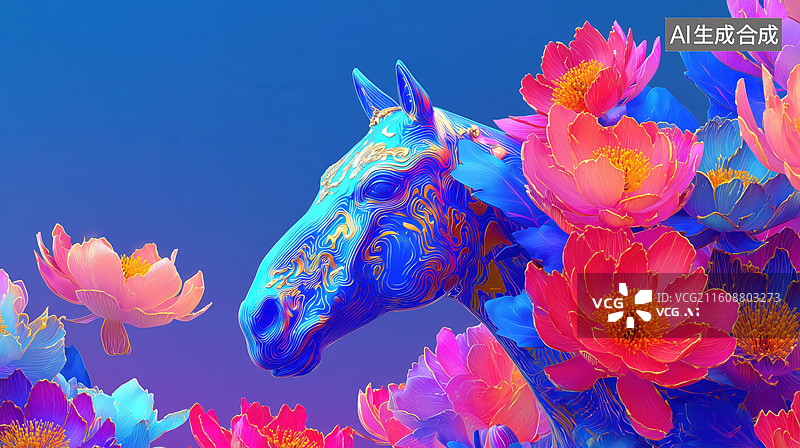 【AI数字艺术】彩色花卉围绕的一匹蓝色鬃毛金色条纹马3D立体骏马塑像图片素材