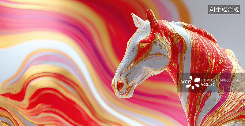 【AI数字艺术】晶莹透明的一匹红色鬃毛金色条纹骏马3D立体马塑像图片素材