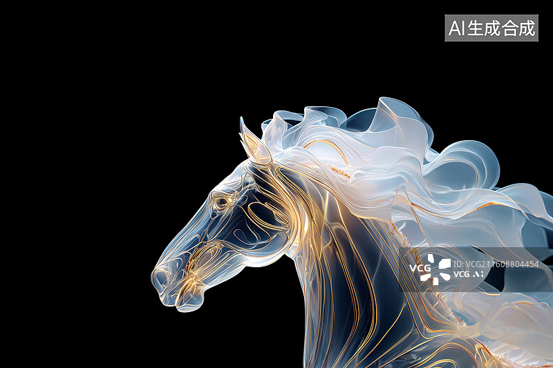 【AI数字艺术】神秘黑色背景一匹晶莹剔透骏马半身特写立体图像图片素材
