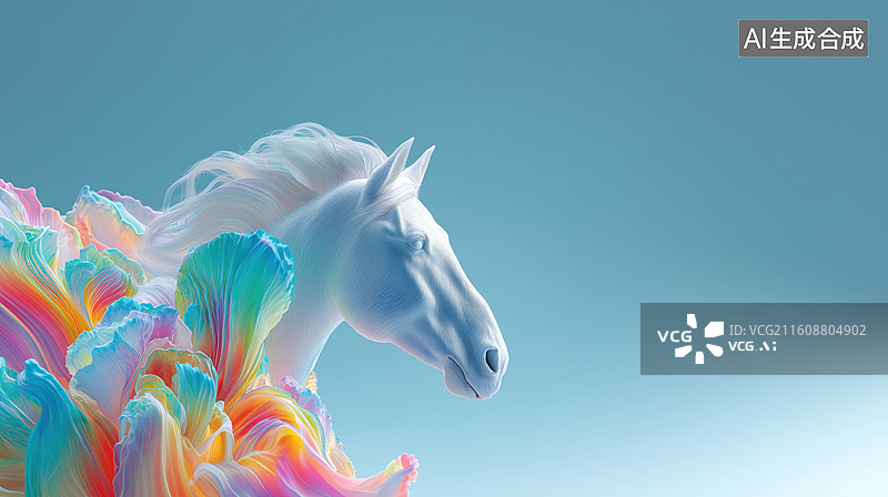 【AI数字艺术】彩色背景下一匹白色骏马特写3D立体场景图片素材