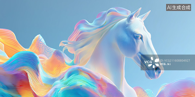 【AI数字艺术】彩色背景下一匹白色骏马特写3D立体场景图片素材