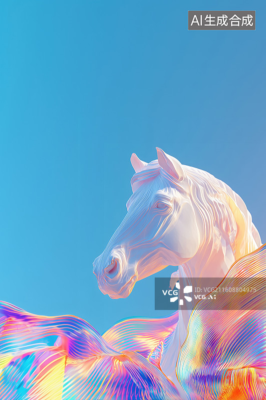 【AI数字艺术】彩色背景下一匹白色骏马特写3D立体场景图片素材