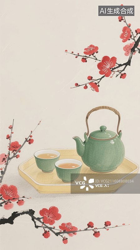 【AI数字艺术】青瓷茶具红梅中式静物图片素材