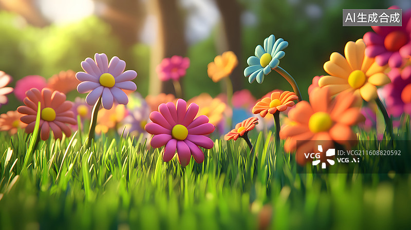 【AI数字艺术】色彩斑斓的卡通花丛与翠绿草地图片素材