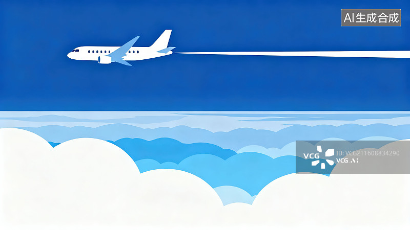 【AI数字艺术】万里高空云层至上蓝天中飞翔而过的带着飞机拉烟水汽尾迹云的民航客运飞机，旅游度假差旅出行概念图片素材