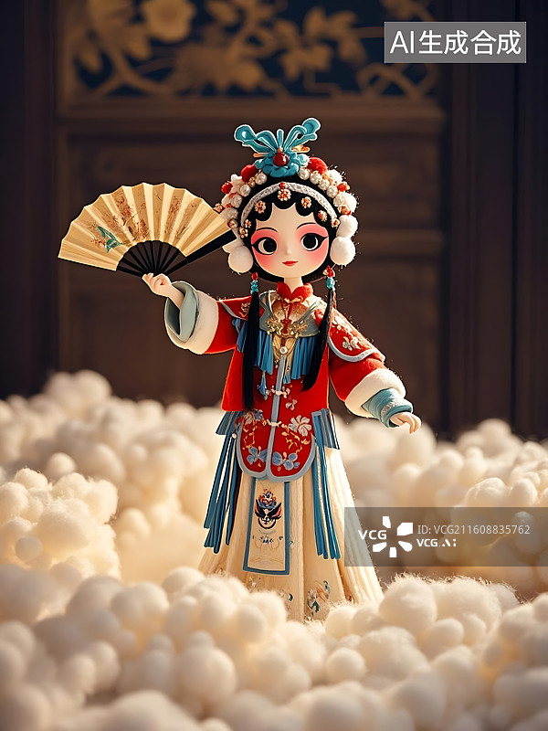 【AI数字艺术】京剧娃娃在云朵中优雅亮相图片素材