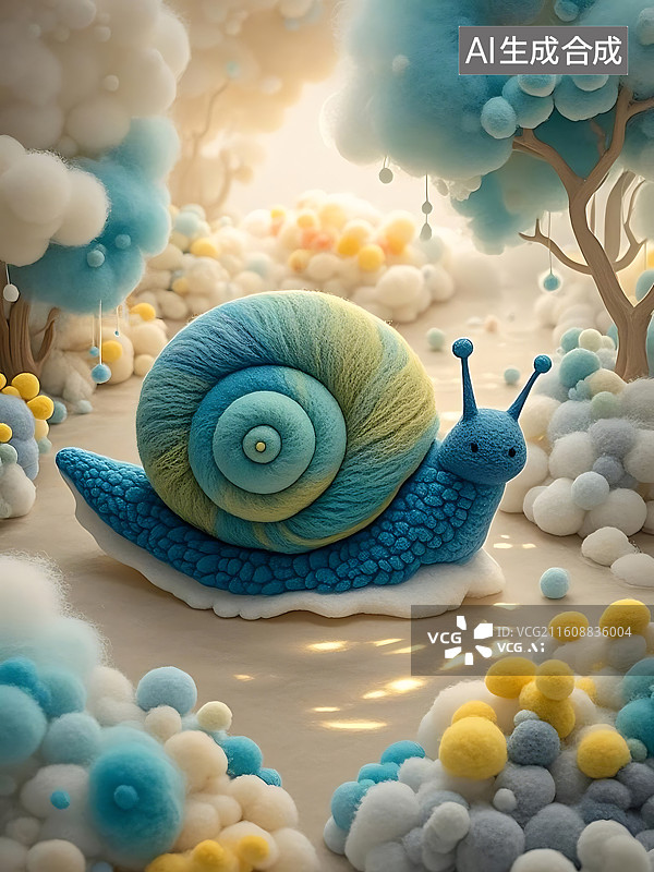 【AI数字艺术】毛茸茸的可爱蜗牛在梦幻般的彩色世界中图片素材