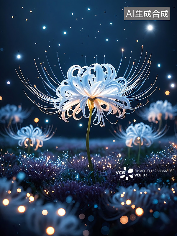 【AI数字艺术】夜空下的白色精灵：绽放光芒的彼岸花图片素材
