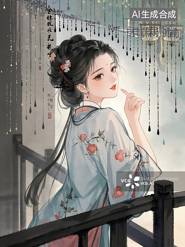 【AI数字艺术】古风仕女凭栏远眺，水墨意境悠远图片素材