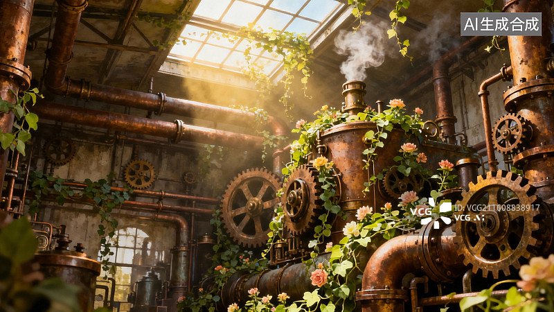 【AI数字艺术】蒸汽机械与植物共生的工业空间图片素材