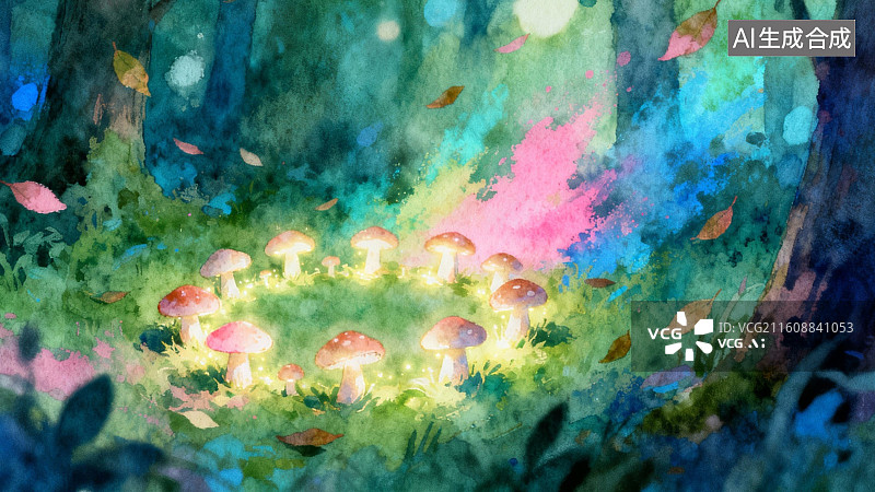 【AI数字艺术】森林中的发光蘑菇圈图片素材