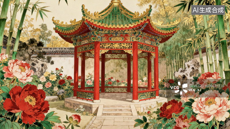 【AI数字艺术】中式亭台花竹园林景图片素材