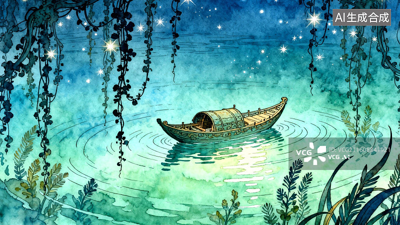 【AI数字艺术】夜湖小舟静谧漂浮图片素材