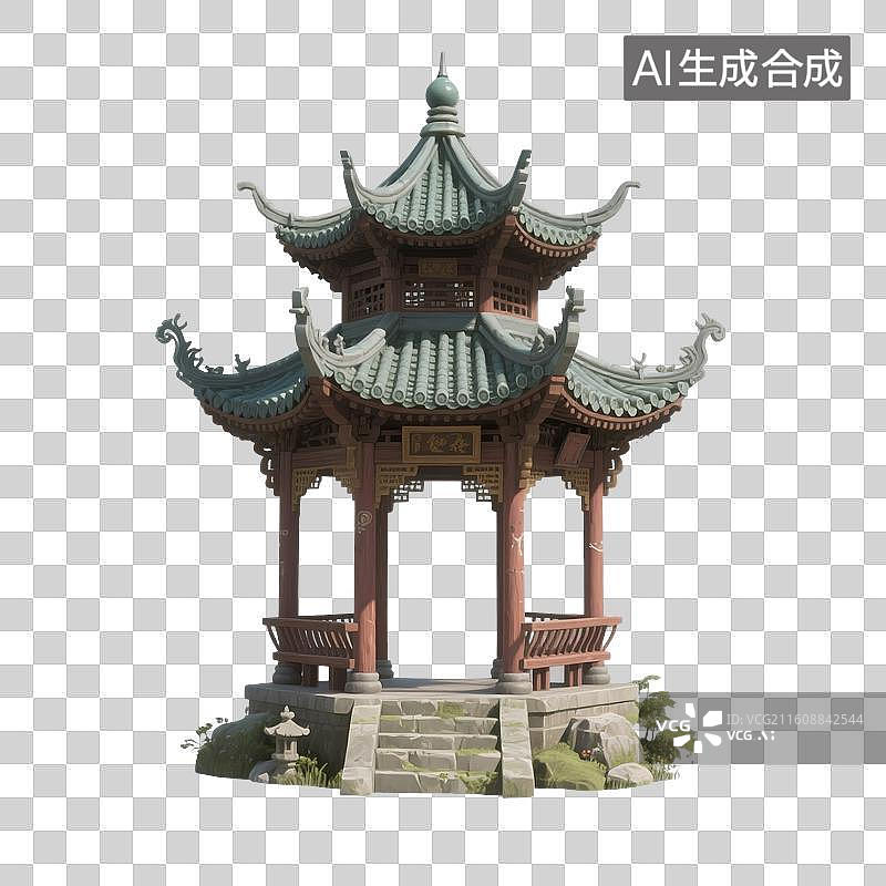 【AI数字艺术】国潮风手绘插画，中国古代楼阁，宝塔，中式古代建筑，凉亭，亭台楼阁，园林景观，免抠元素图片素材