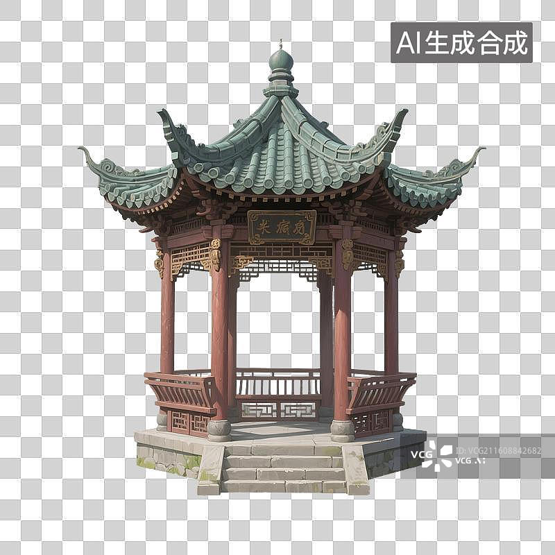 【AI数字艺术】国潮风手绘插画，中国古代楼阁，宝塔，中式古代建筑，凉亭，亭台楼阁，园林景观，免抠元素图片素材