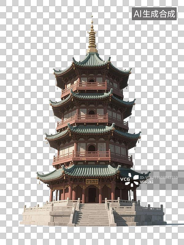 【AI数字艺术】国潮风手绘插画，中国古代楼阁，宝塔，中式古代建筑，凉亭，亭台楼阁，园林景观，免抠元素图片素材