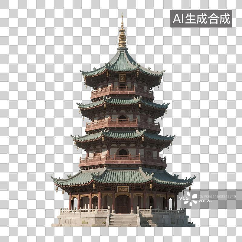 【AI数字艺术】国潮风手绘插画，中国古代楼阁，宝塔，中式古代建筑，凉亭，亭台楼阁，园林景观，免抠元素图片素材
