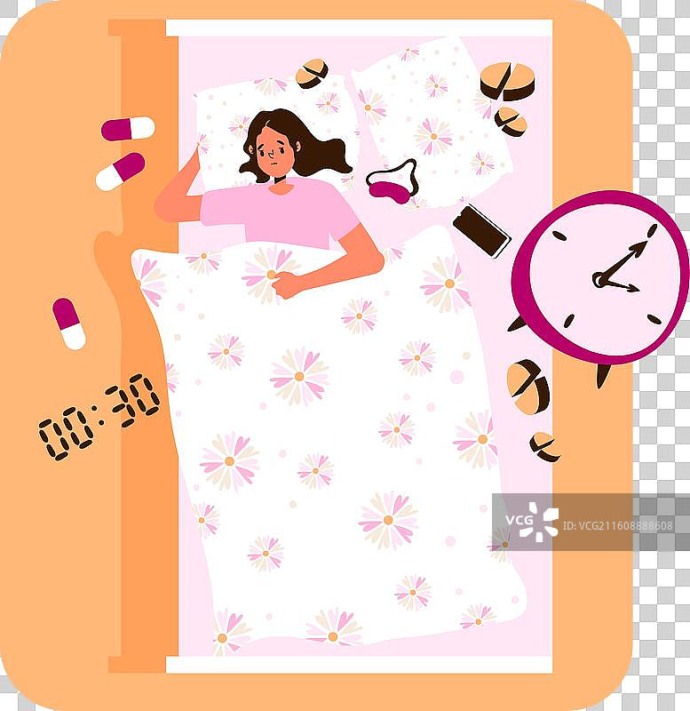 平铺设计失眠概念，床上有一位女性图片素材