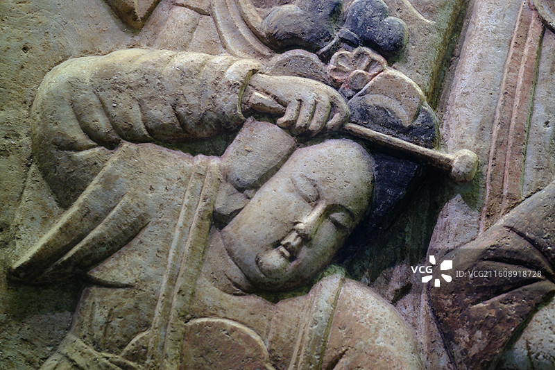 河北博物院镇馆之宝彩绘散乐浮雕。五代石刻文物图片素材