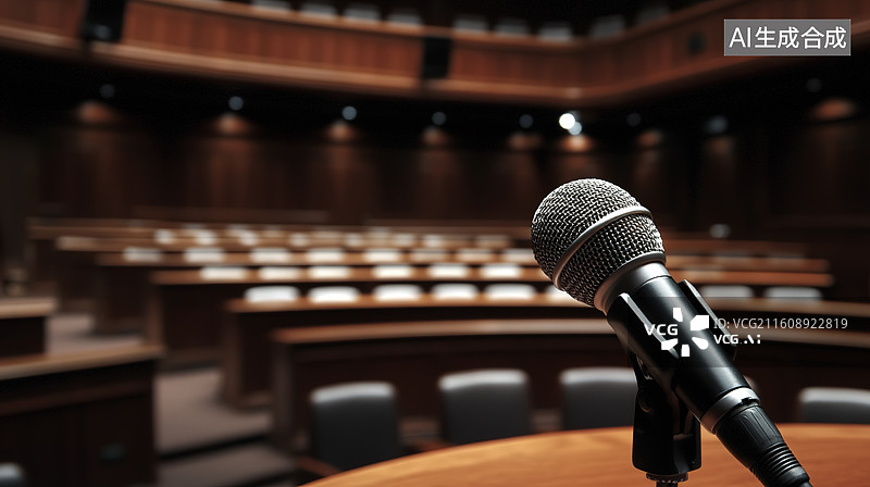 【AI数字艺术】主席台上的话筒和虚化的会议室背景图片素材