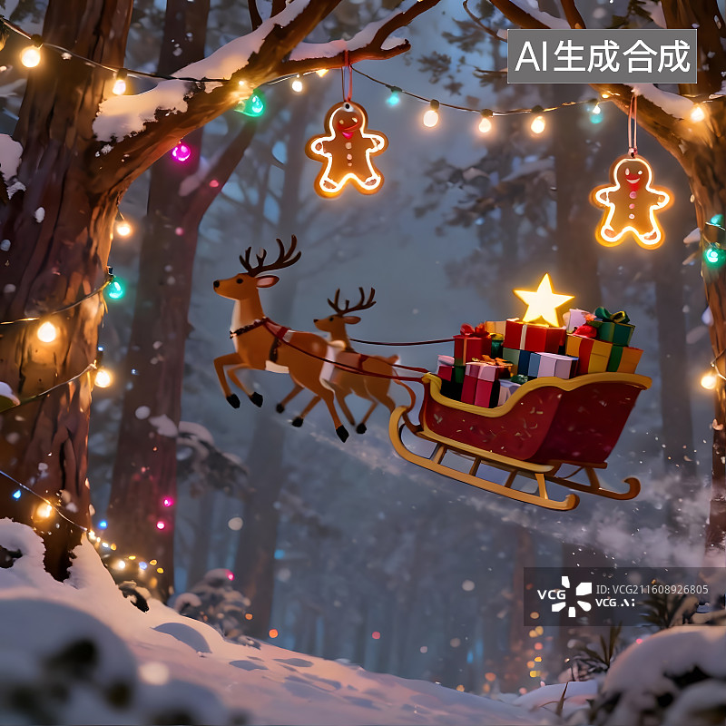 【AI数字艺术】驯鹿拉着雪橇车在林中奔驰图片素材