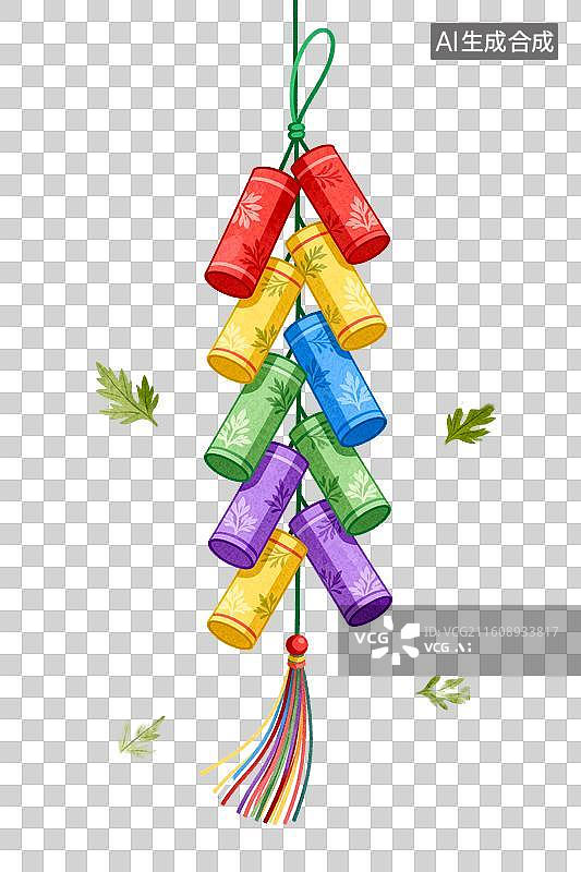 【AI数字艺术】彩色筒状挂饰配流苏与绿叶图片素材