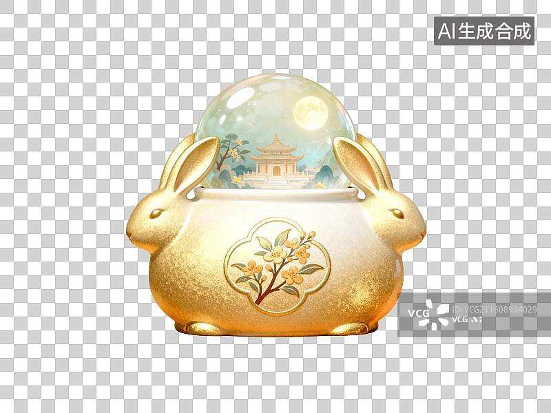 【AI数字艺术】金色兔子造型水晶球摆件图片素材