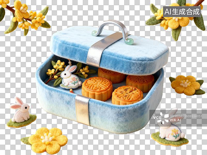 【AI数字艺术】蓝色礼盒装月饼配玉兔装饰图片素材