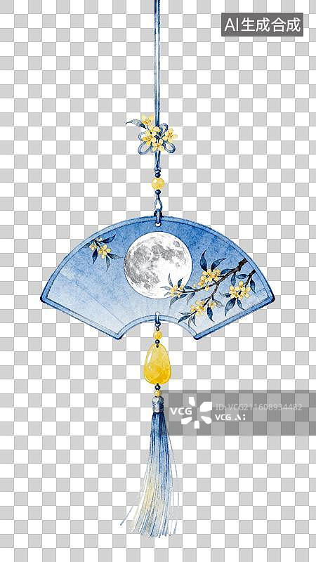 【AI数字艺术】蓝色扇形挂饰配月亮花卉流苏图片素材