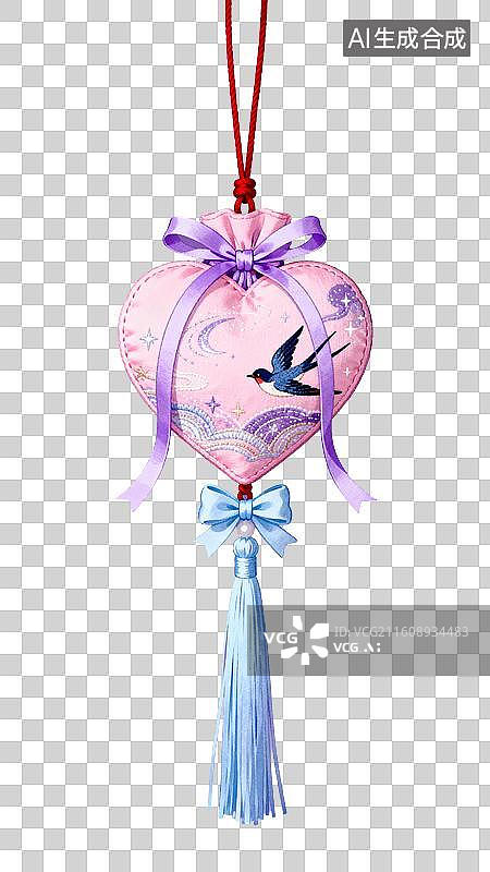 【AI数字艺术】心形挂饰配紫蓝蝴蝶结流苏图片素材