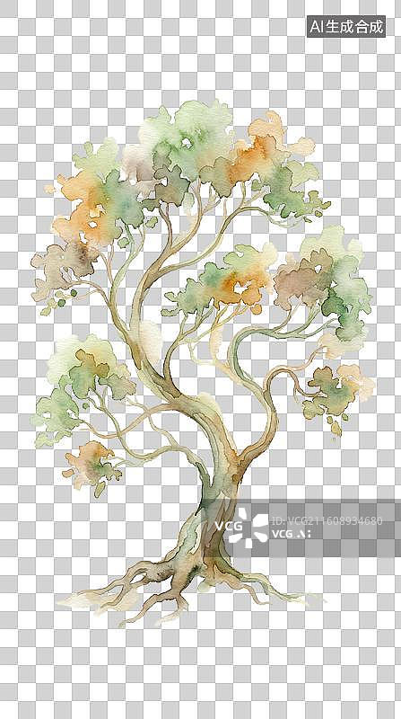 【AI数字艺术】水墨风格古树插画展现自然之美图片素材