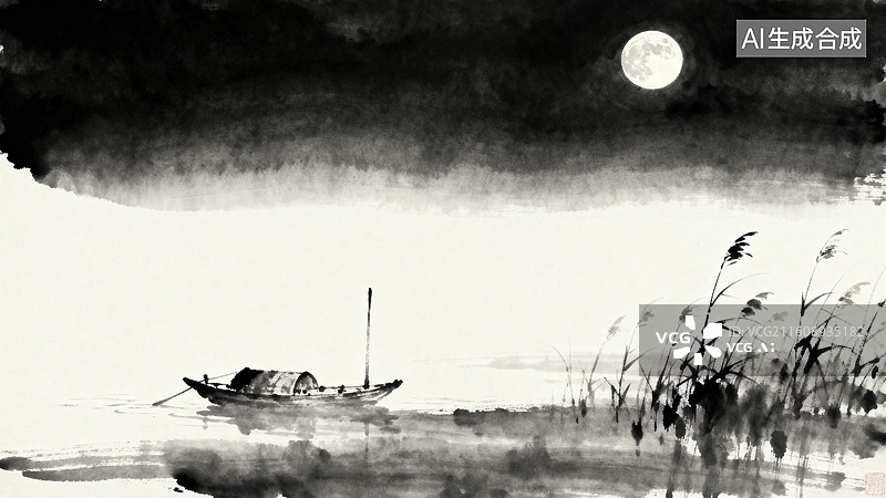 【AI数字艺术】月夜江上孤舟水墨图图片素材