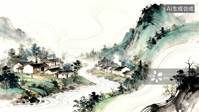 【AI数字艺术】传统中式山水乡村画卷图片素材