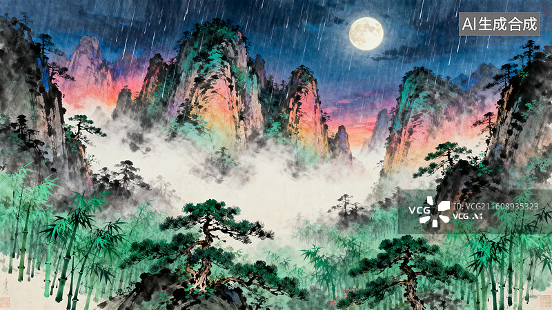 【AI数字艺术】月夜山间雨景与翠绿植被图片素材