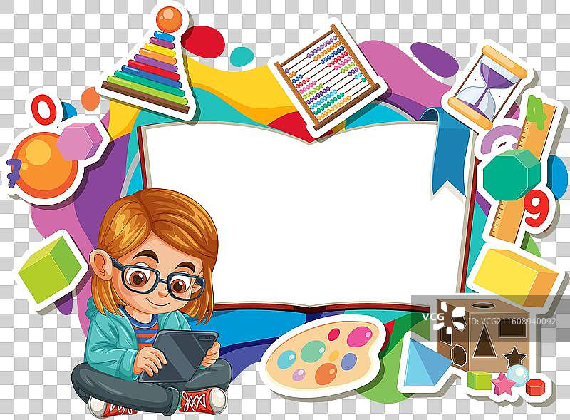 孩子被教育玩具包围着，正在使用平板电脑图片素材