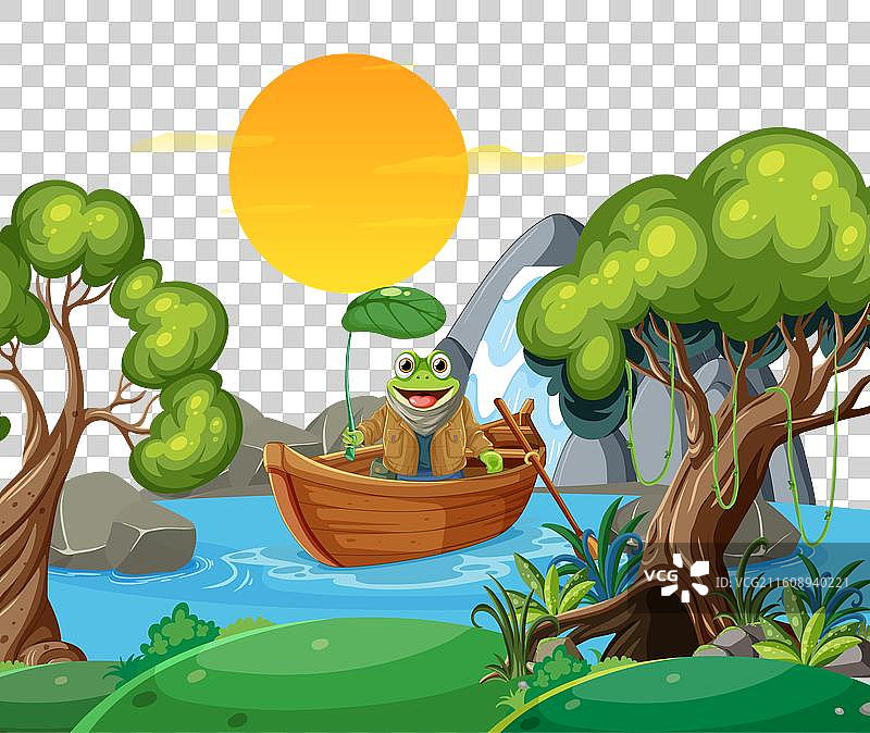 一只青蛙在日落时分的小船上图片素材