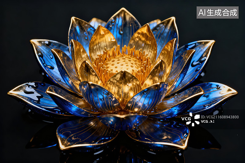 【AI数字艺术】蓝金莲花艺术雕塑图片素材