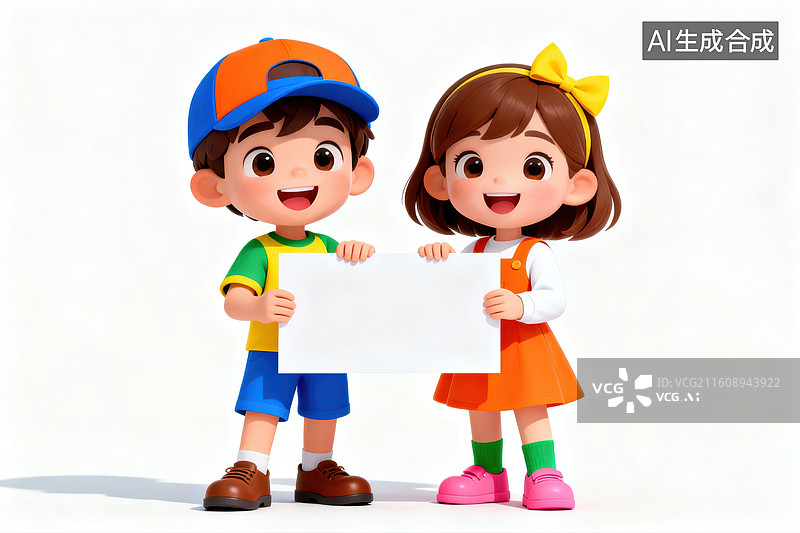【AI数字艺术】两个卡通儿童手持空白纸张图片素材