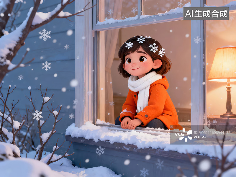 【AI数字艺术】女孩窗边赏雪图片素材
