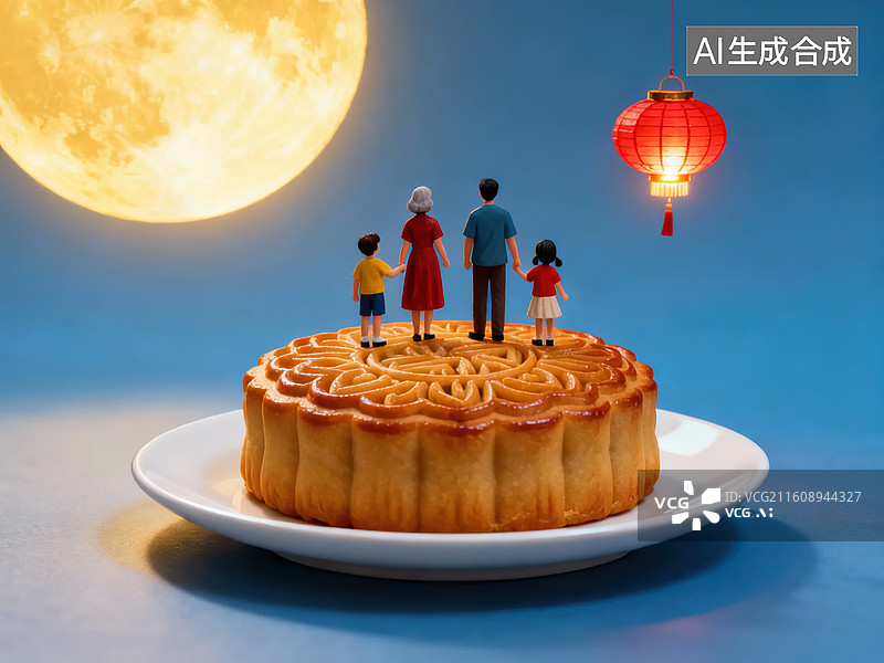 【AI数字艺术】家庭在月饼上赏月图片素材