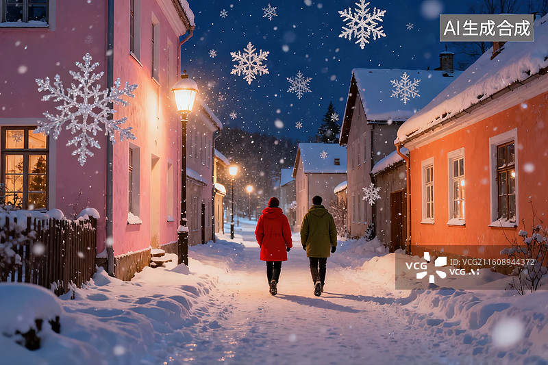 【AI数字艺术】雪夜街道上行走的两人图片素材