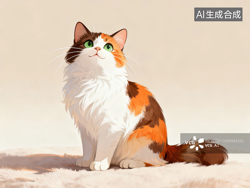 【AI数字艺术】三色猫静坐仰望图片素材