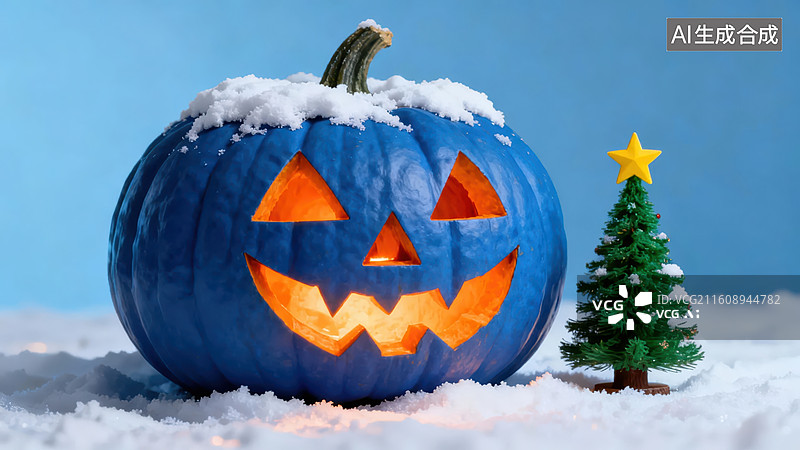 【AI数字艺术】蓝色南瓜灯与雪中圣诞树图片素材