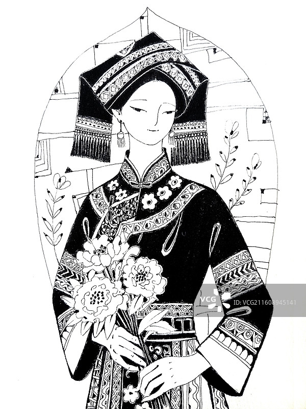 少数民族女孩黑白手绘图片素材