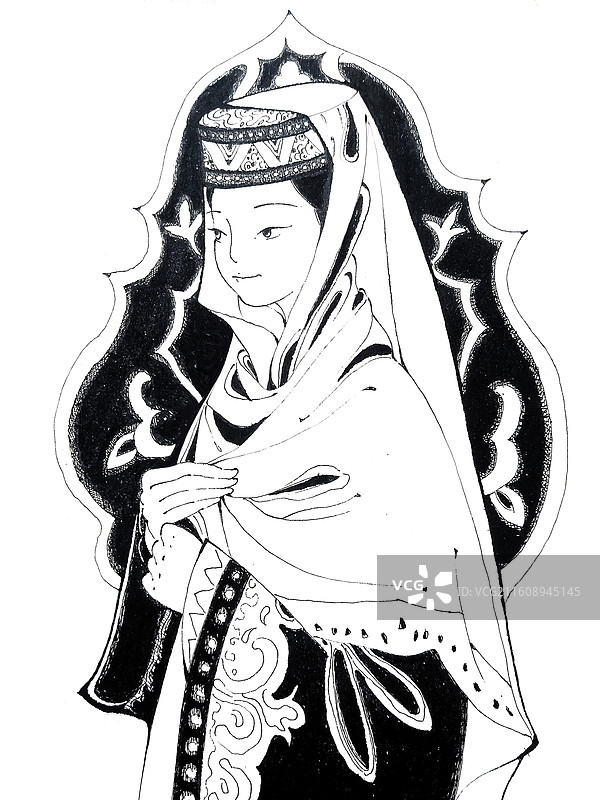 少数民族女孩黑白手绘图片素材