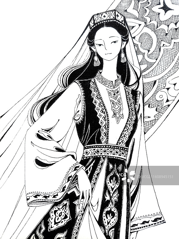 少数民族女孩黑白手绘图片素材