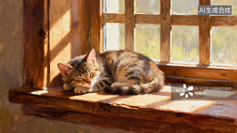 【AI数字艺术】窗台上的猫咪在阳光下休息图片素材