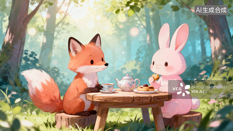 【AI数字艺术】狐狸与兔子在森林野餐图片素材