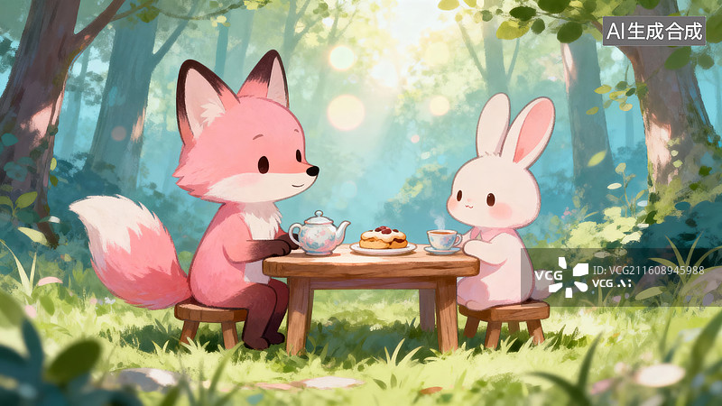 【AI数字艺术】狐狸与兔子在森林野餐图片素材
